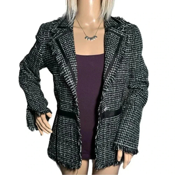 BISOU BISOU Michelle Bohbot Tweed Fringe Black Blazer Jacket Women’s Sz 6 Small - Picture 6 of 16